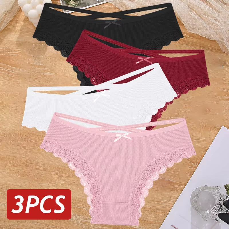3Pcs/Set Women Cotton Panties Sexy Low Rise Lace Brazilian Panties Hollow Out Soft Breathable Lingerie Female Bow Underwear S-XL